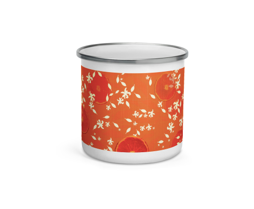 Lightweight and durable, the Enamel Mug is a must-have for every devoted hot or cold beverage drinker. Take it along with you from your kitchen to any other room you may be traveling to these days. This will come handy on your next camping trip whenever that may be. Until then enjoy the blossoms.   Material: Enamel Dimensions: height 3.14″ (8 cm), diameter 3.54″ (9 cm) White coating with a silver rim Hand-wash only Imported. Designed by Tehniyet Masood.