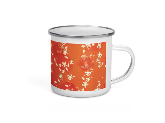 Lightweight and durable, the Enamel Mug is a must-have for every devoted hot or cold beverage drinker. Take it along with you from your kitchen to any other room you may be traveling to these days. This will come handy on your next camping trip whenever that may be. Until then enjoy the blossoms.   Material: Enamel Dimensions: height 3.14″ (8 cm), diameter 3.54″ (9 cm) White coating with a silver rim Hand-wash only Imported. Designed by Tehniyet Masood.