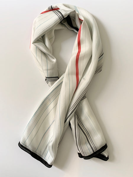 UNTITLED WHITE 100% SILK SCARF DESIGNED BY NYC DESIGNER TEHNIYET MASOOD. Stylish, minimal and chic. 5 Star customer product review, trendy, versatile, classic and timeless design make this a reliable addition to any exclusive wardrobe.