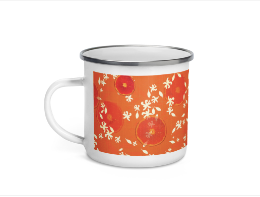 Lightweight and durable, the Enamel Mug is a must-have for every devoted hot or cold beverage drinker. Take it along with you from your kitchen to any other room you may be traveling to these days. This will come handy on your next camping trip whenever that may be. Until then enjoy the blossoms.   Material: Enamel Dimensions: height 3.14″ (8 cm), diameter 3.54″ (9 cm) White coating with a silver rim Hand-wash only Imported. Designed by Tehniyet Masood