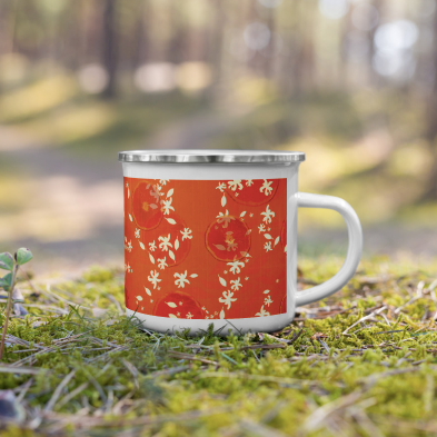 Lightweight and durable, the Enamel Mug is a must-have for every devoted hot or cold beverage drinker. Take it along with you from your kitchen to any other room you may be traveling to these days. This will come in handy on your next camping trip whenever that may be. Until then enjoy the blossoms.   Material: Enamel Dimensions: height 3.14″ (8 cm), diameter 3.54″ (9 cm) White coating with a silver rim Hand-wash only Imported. Designed by Tehniyet Masood.