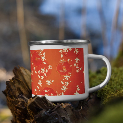 Lightweight and durable, the Enamel Mug is a must-have for every devoted hot or cold beverage drinker. Take it along with you from your kitchen to any other room you may be traveling to these days. This will come handy on your next camping trip whenever that may be. Until then enjoy the blossoms.   Material: Enamel Dimensions: height 3.14″ (8 cm), diameter 3.54″ (9 cm) White coating with a silver rim Hand-wash only Imported. Designed by Tehniyet Masood.